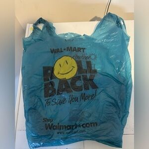 Vtg 2001 Large Roll Back Wal-Mart Smiley Face Blue Plastic Shopping Bag Walmart